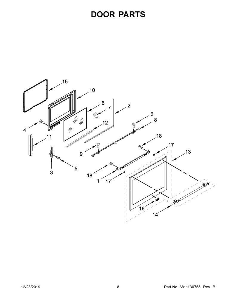 Whirlpool Range /Oven Outer Door Assembly (Stainless) - W11047015, Replaces: W10867480